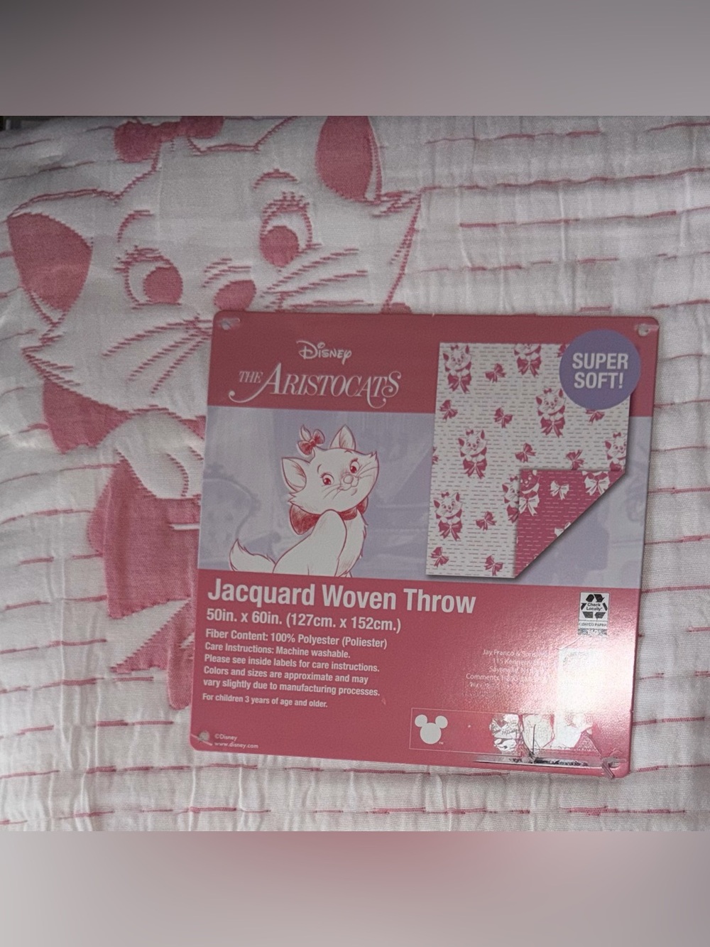 DISNEY ARISTOCATS MOVIE MARIE KITTY CAT PINK BOW JACQUARD WOVEN THROW BLANKET - Picture 9 of 11